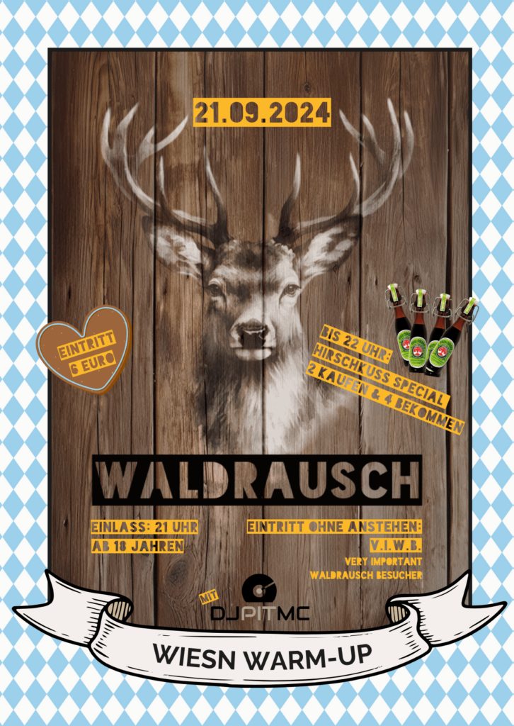 Flyer mit Waldrausch Logo und Hirsch zur Wiesn Warm-Up Party am 21.09.2024